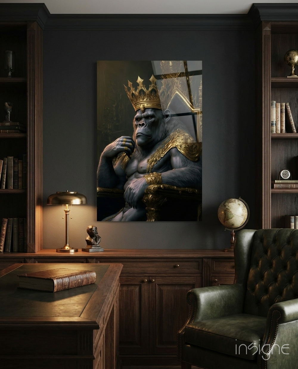 Ape King in Throne Glass Wall Art  || Designer Collection - Lifestyle preview in a designer interior