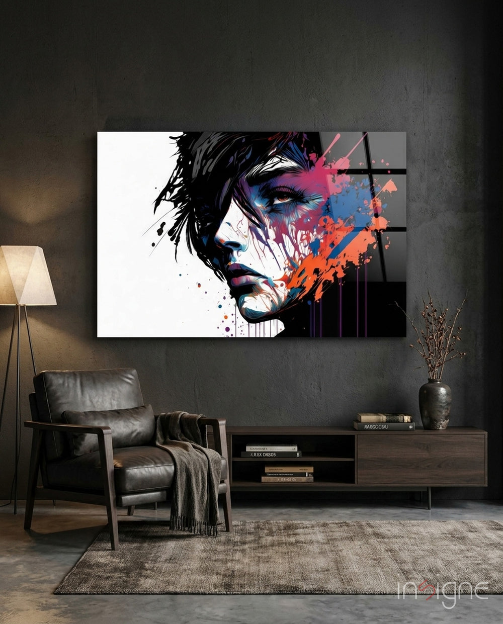 Rebel Beauty Glass Wall Art  || Designer Collection - Lifestyle preview in a designer interior