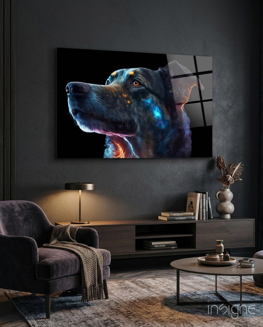 Space Dog Glass Wall Art  || Designer Collection - Lifestyle preview in a designer interior