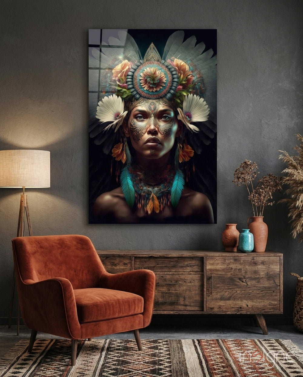 Flower Monarch Glass Wall Art  || Designer Collection - Lifestyle preview in a designer interior