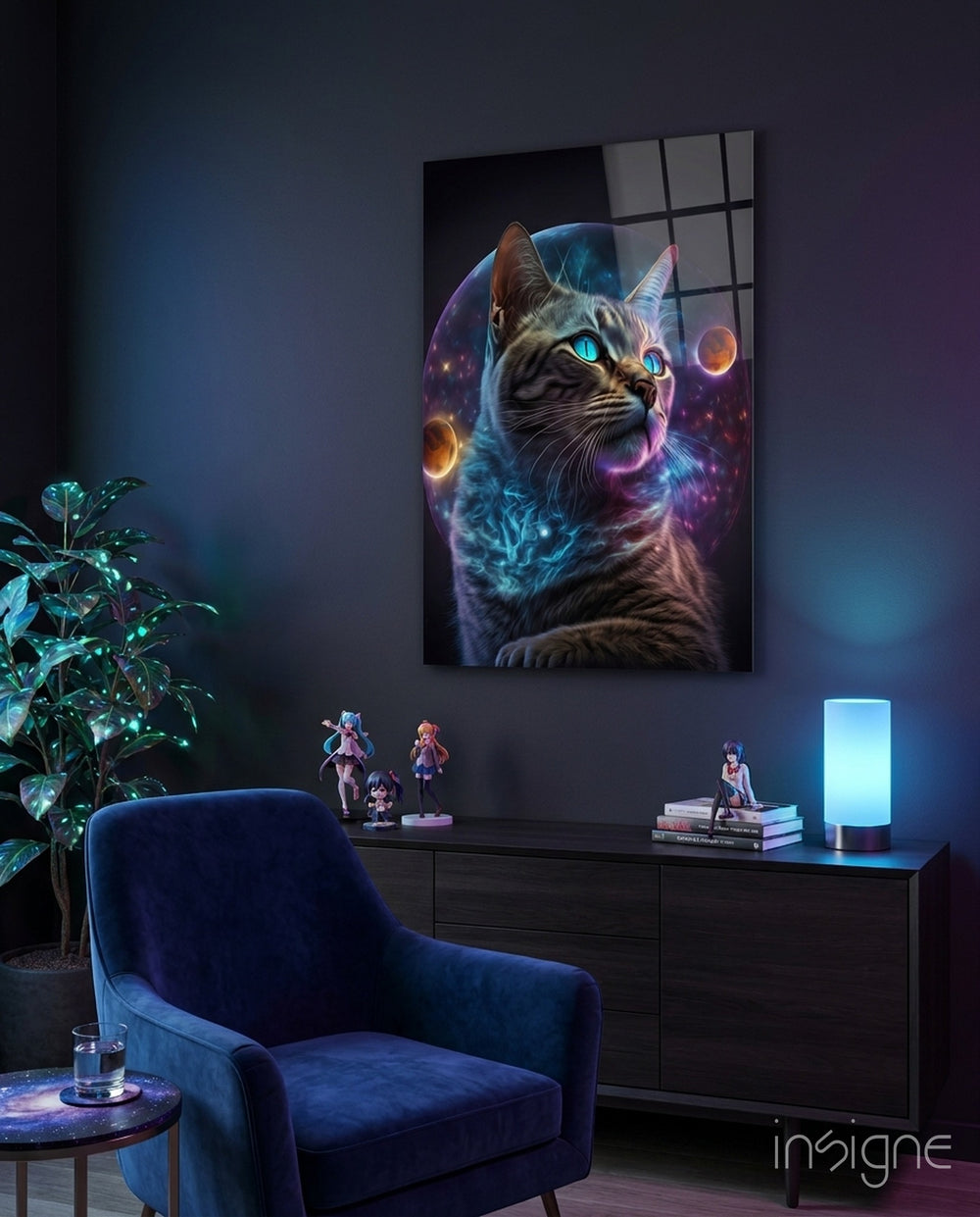 Moon Cat Glass Wall Art  || Designer Collection - Lifestyle preview in a designer interior