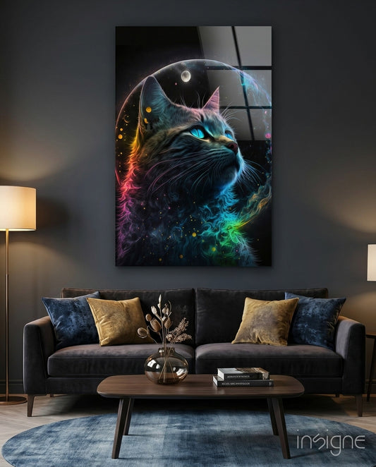 Moon Cat Glass Wall Art  || Designer Collection - Lifestyle preview in a designer interior