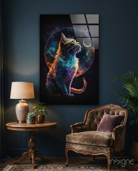 Moon Cat Glass Wall Art  || Designer Collection - Lifestyle preview in a designer interior