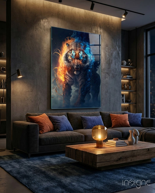 Flaming Nobility Glass Wall Art  || Designer Collection - Lifestyle preview in a designer interior
