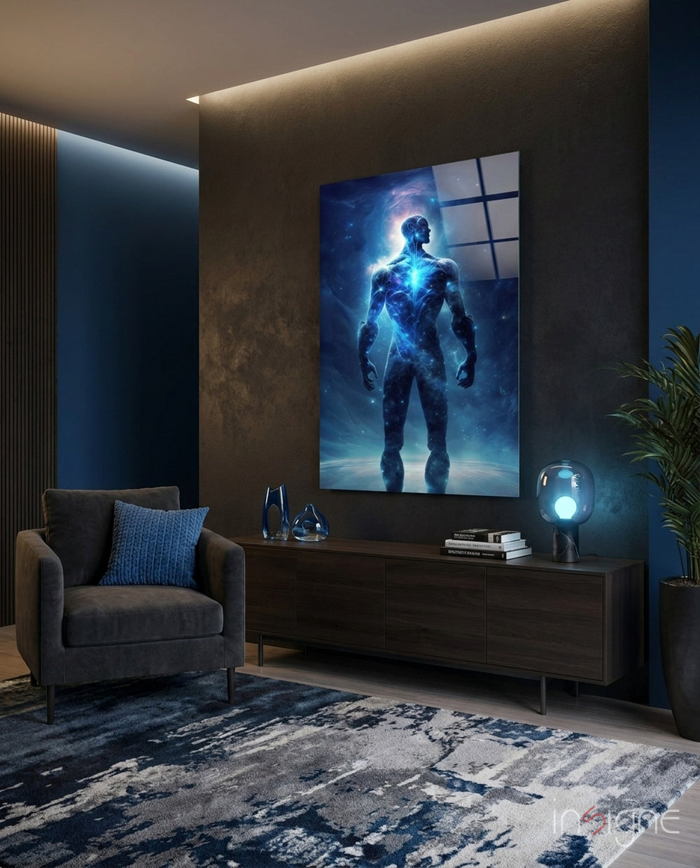 Vitruvius Man Glass Wall Art  || Designers Collection - Lifestyle preview in a designer interior