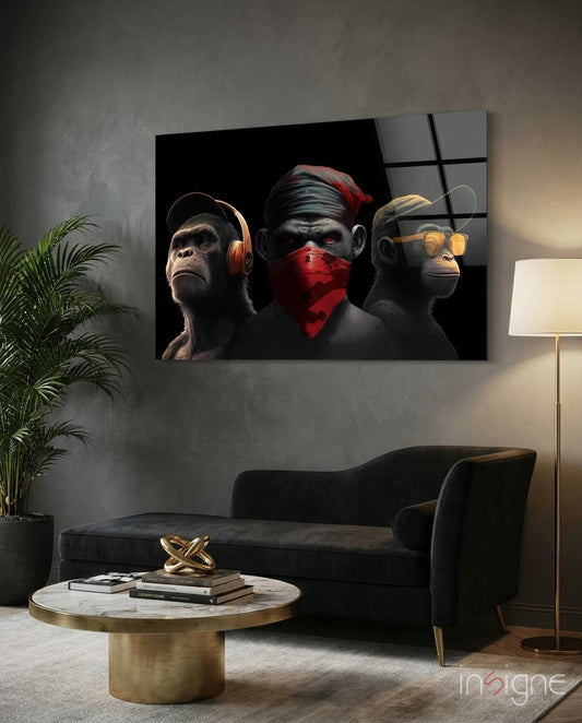 3 Wise Monkey Glass Wall Art  || Designer Collection - Lifestyle preview in a designer interior