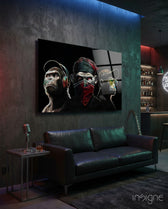 3 Wise Monkeys - Neon Lines Glass Wall Art  || Designer Collection - Lifestyle preview in a designer interior