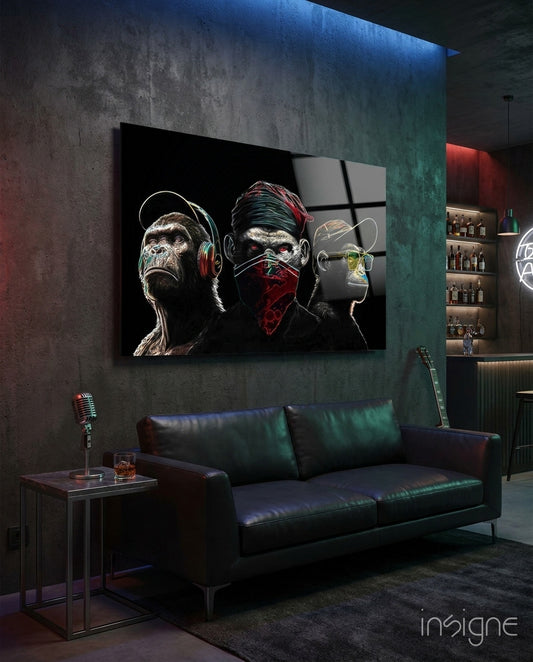 3 Wise Monkeys - Neon Lines Glass Wall Art  || Designer Collection - Lifestyle preview in a designer interior