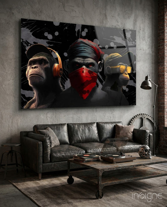 3 Wise Monkeys Glass Wall Art  || Designer Collection - Lifestyle preview in a designer interior