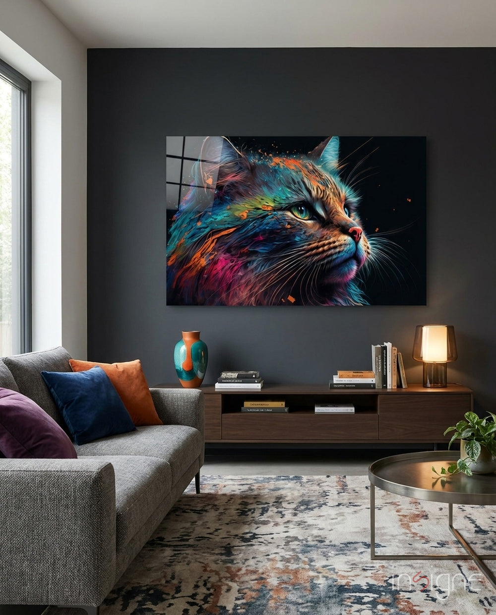 Colorful Cat Glass Wall Art  || Designers Collection - Lifestyle preview in a designer interior