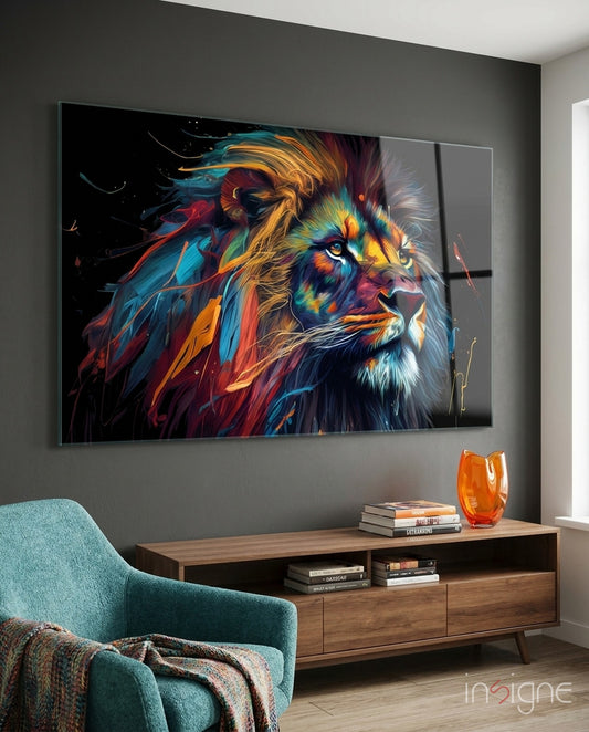 Nobility of the Lion Glass Wall Art  || Designer Collection - Lifestyle preview in a designer interior