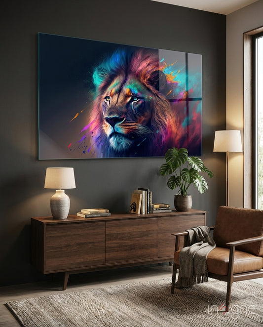 Nobility of the Lion Glass Wall Art  || Designer Collection - Lifestyle preview in a designer interior