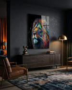 Nobility of the Lion Glass Wall Art  || Designer Collection - Lifestyle preview in a designer interior