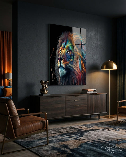 Nobility of the Lion Glass Wall Art  || Designer Collection - Lifestyle preview in a designer interior