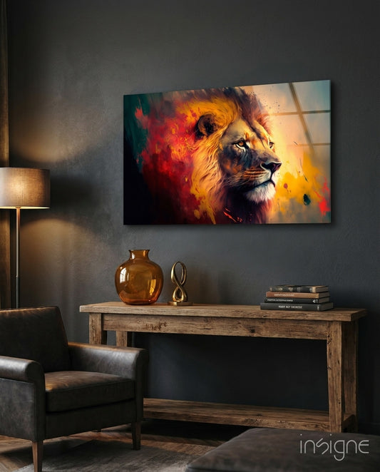 Nobility of the Lion Glass Wall Art  || Designer Collection - Lifestyle preview in a designer interior