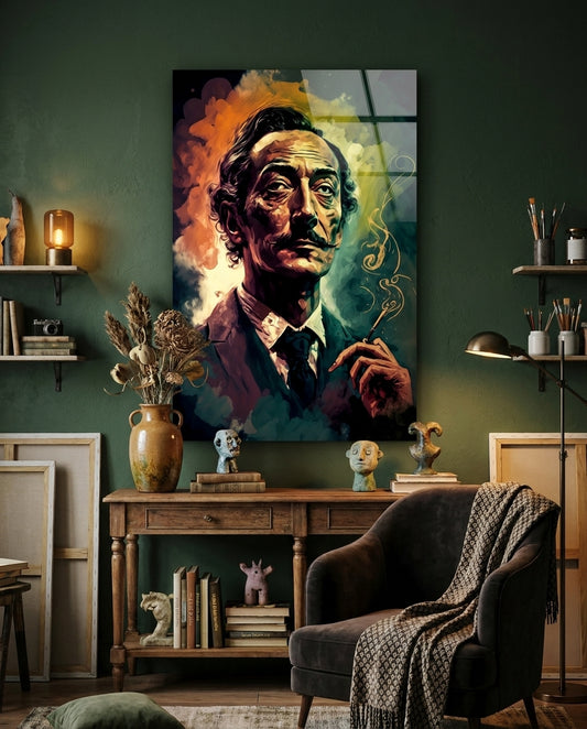Mustached Man With Golden Smoke Swirl Glass Wall Art