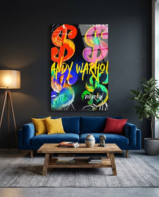 Neon Dollar Signs Grid Black Glass Wall Art