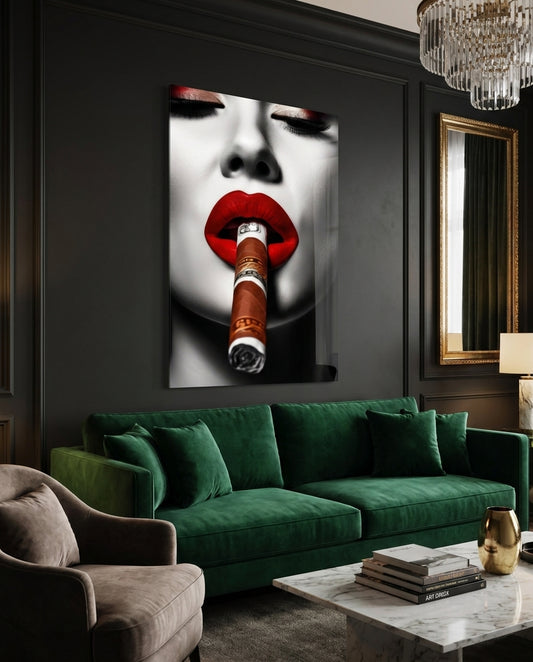 Money Wrapped Cigar Red Lips Glass Wall Art