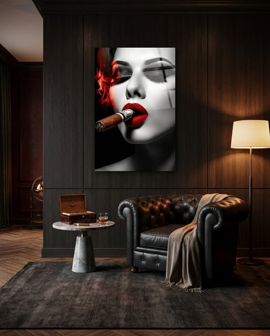 Red Smoke Closed Eyes Cigar Woman Glass Wall Art