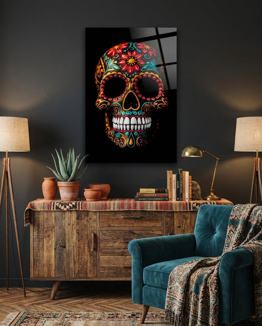 Flowery Skull Glass Wall Art || Designer Collection