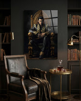 Black Gold Robe King on Throne Glass Wall Art