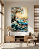 Golden Sky Curling Great Wave Glass Wall Art