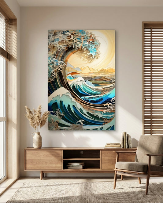 Golden Sky Curling Great Wave Glass Wall Art
