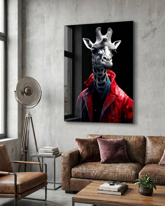 Red Leather Jacket Giraffe Glass Wall Art