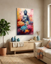 Lotus Blooms Pastel Buddha Glass Wall Art