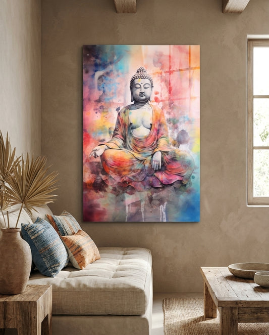 Watercolor Splash Meditating Buddha Glass Wall Art