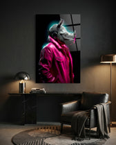 Pink Coat Rhino Neon Glow Glass Wall Art