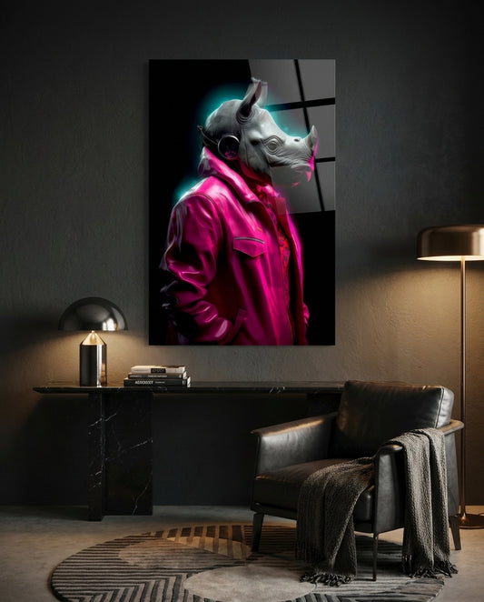 Pink Coat Rhino Neon Glow Glass Wall Art