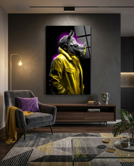 Yellow Coat Rhino Purple Glow Glass Wall Art