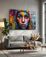 Wide Eyed Paint Splash Woman Glass Wall Art
