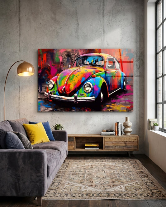 Colorful Retro Camper Van Glass Wall Art || Designer Collection