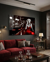 Red Dress Blonde on Bar Stool Glass Wall Art