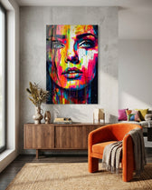 Colorful Drip Tilted Gaze Woman Glass Wall Art