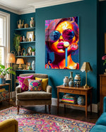 Neon Sunglasses Woman White Lollipop Glass Wall Art