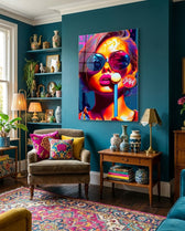 Neon Sunglasses Woman White Lollipop Glass Wall Art