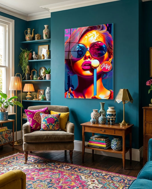 Neon Sunglasses Woman White Lollipop Glass Wall Art