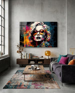 Dark Navy Backdrop Red Glasses Woman Glass Wall Art