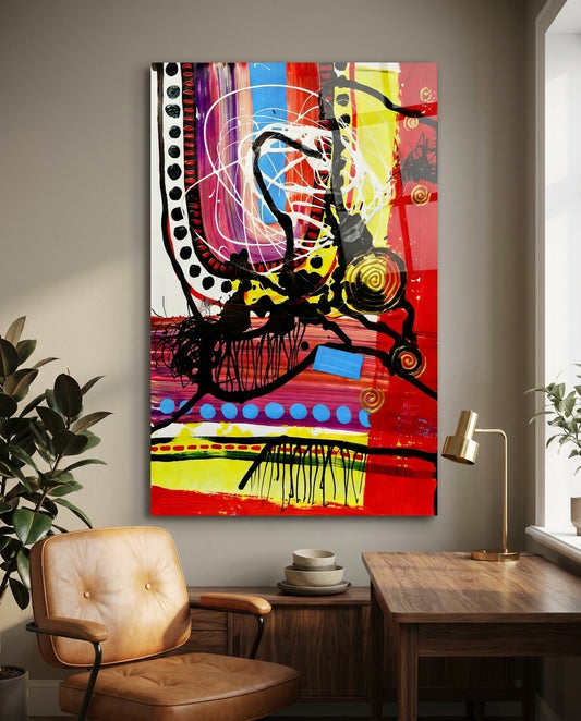 Red Field Gold Spiral Abstract Lines Glass Wall Art