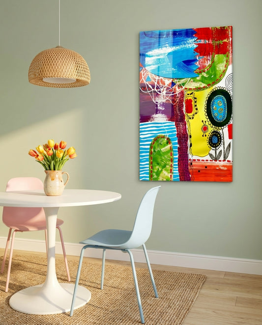 Folk Flower Doodle Abstract Lines Glass Wall Art