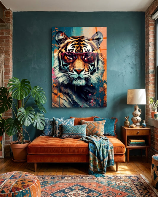 Teal And Orange Splatter Tiger Glass Wall Art