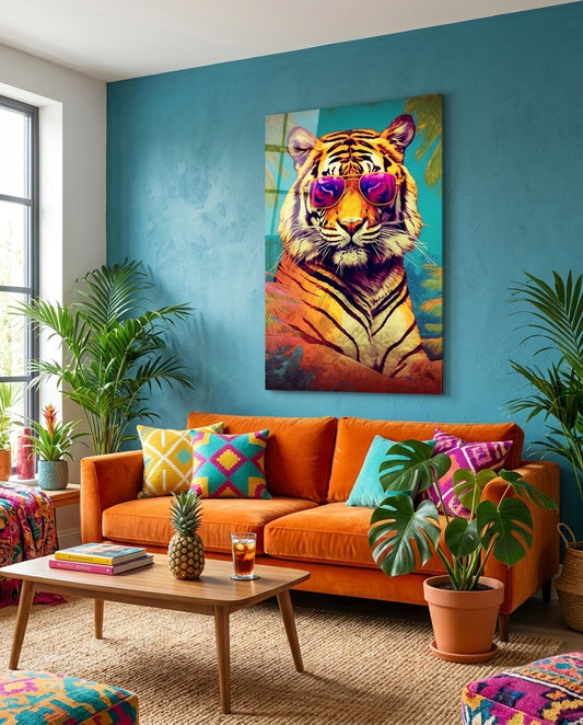 Tropical Palm Pink Shades Tiger Glass Wall Art