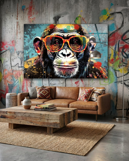 Turquoise Paint Drip Smiling Chimp Glass Wall Art