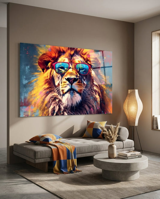 Red Frame Sunglasses Lion Glass Wall Art