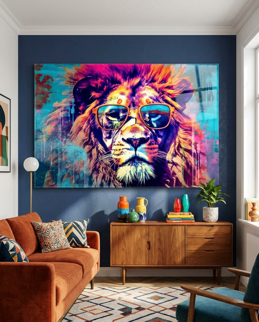 Gold Frame Turquoise Lion Glass Wall Art