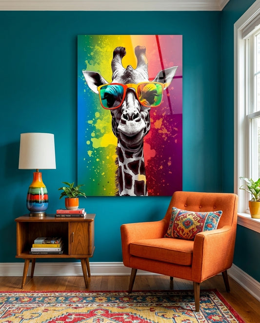 Rainbow Stripe Giraffe Glass Wall Art