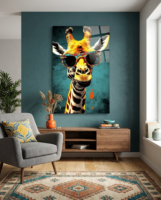 Paisley Shades Giraffe Dark Teal Glass Wall Art